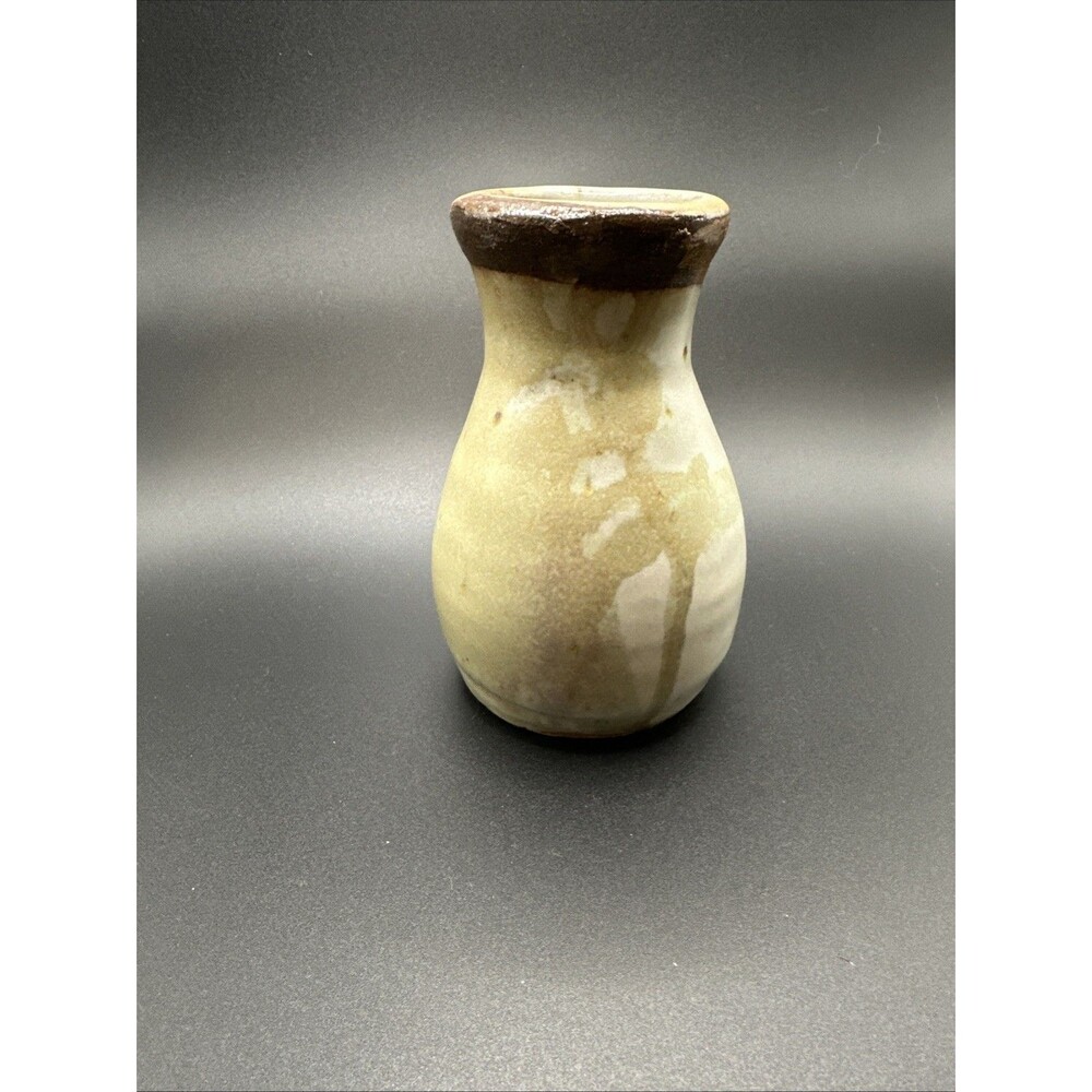 Vintage glazed 5” small studio pottery vase brown Cream MCM Signed